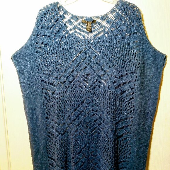 Poncho Style Crochet Sweater with Fringe Detail- Color: Denim Blue Size: XL - Picture 2 of 11